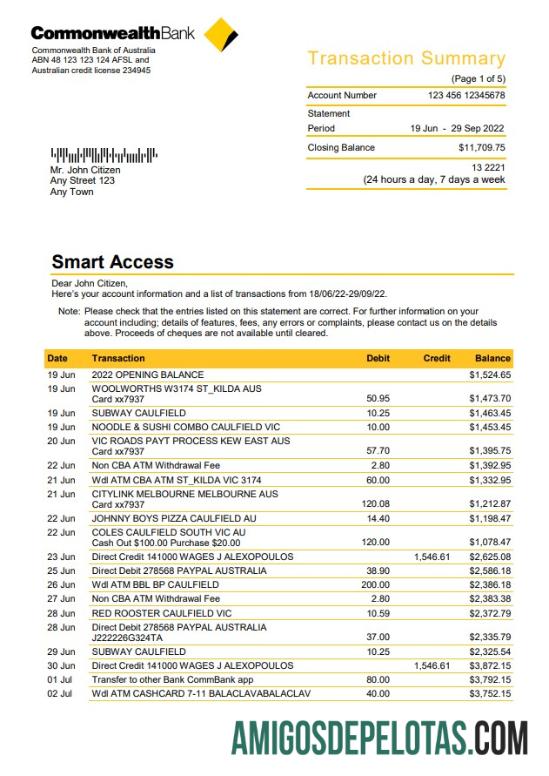 Extrato bancário da Commonwealth da Austrália para impressão, modelo Word e PDF, 5 páginas
